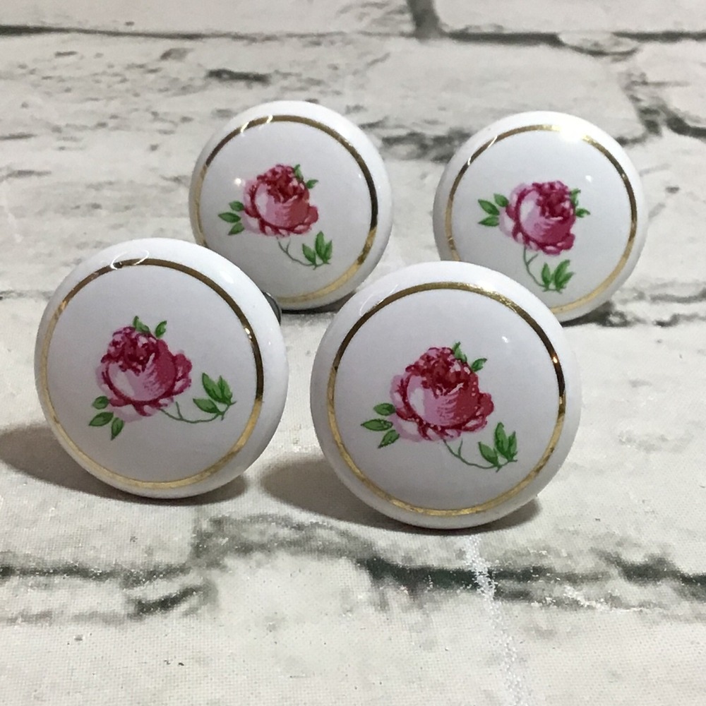 Vintage Drawer Pulls 1.25" Round Ceramic Pink Floral Flowers Knobs Lot Of 4